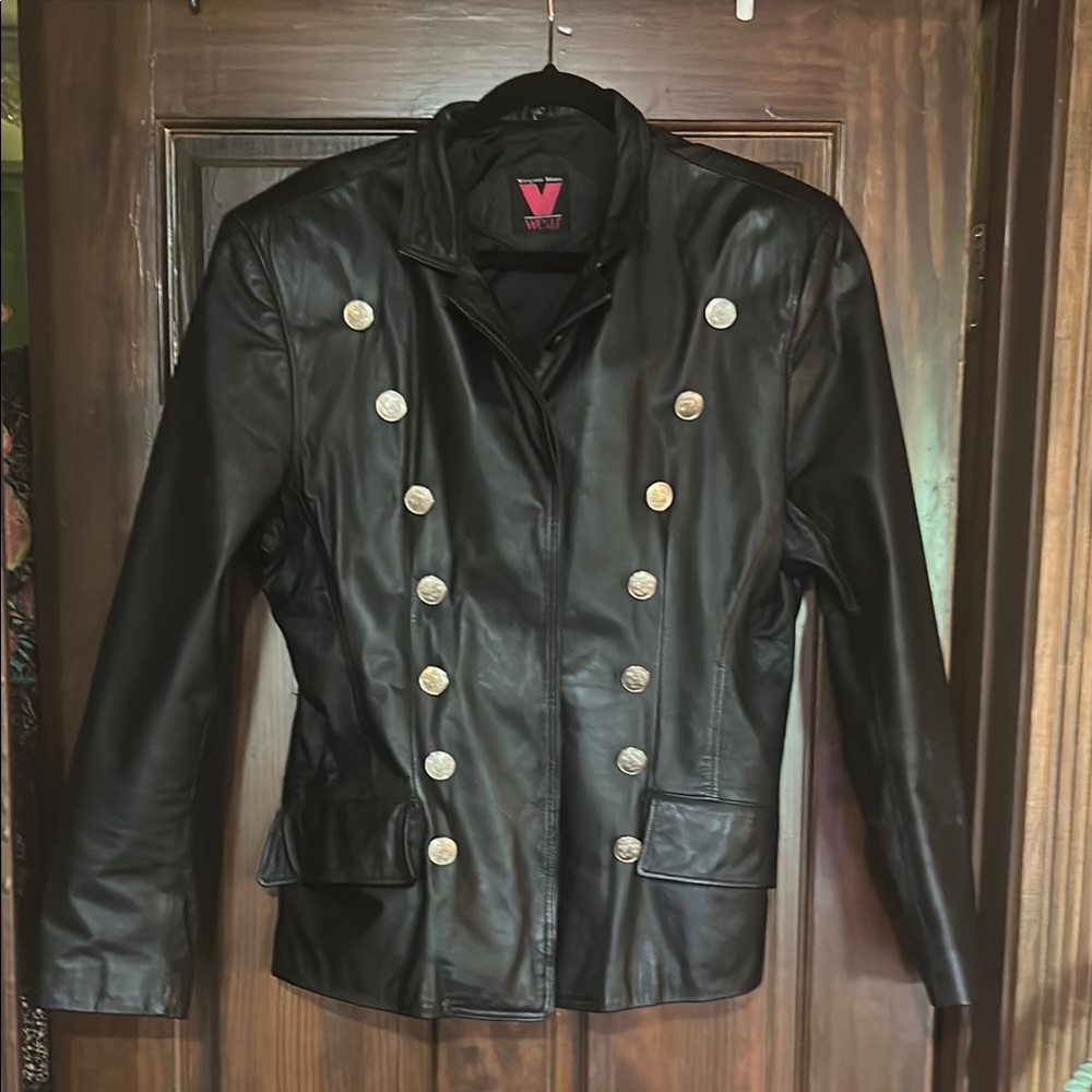 Vintage Black and silver Leather Jacket Double-Breasted Design